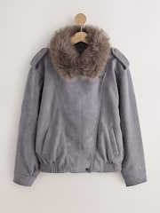 Charcoal Grey Faux Suede Faux Fur Detatchable Collar Bomber Jacket - Image 5 of 7