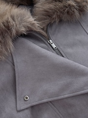 Charcoal Grey Faux Suede Faux Fur Detatchable Collar Bomber Jacket - Image 7 of 7