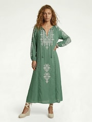 Raffya Green Aurelia Kaftan Style Embroidered Maxi Dress - Image 1 of 4