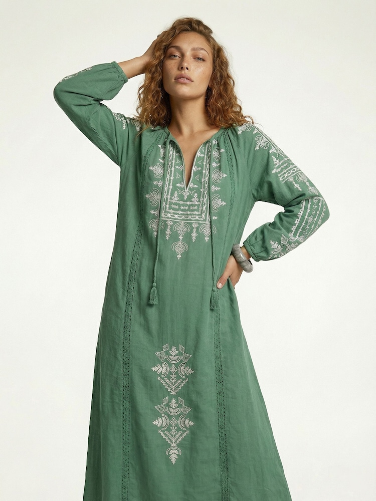 Raffya Green Aurelia Kaftan Style Embroidered Maxi Dress - Image 4 of 4