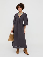 Raffya Grey Ibiza Smock Embroidered Midi Dress - Image 1 of 4