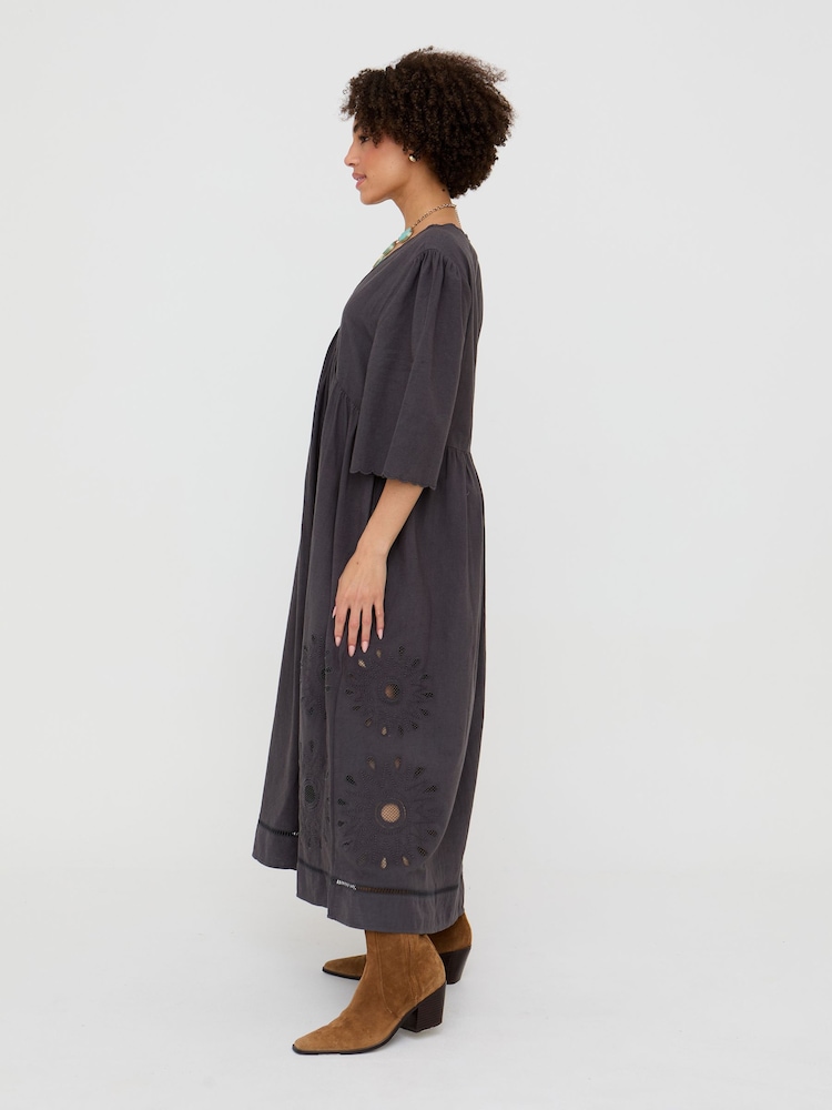Raffya Grey Ibiza Smock Embroidered Midi Dress - Image 2 of 4