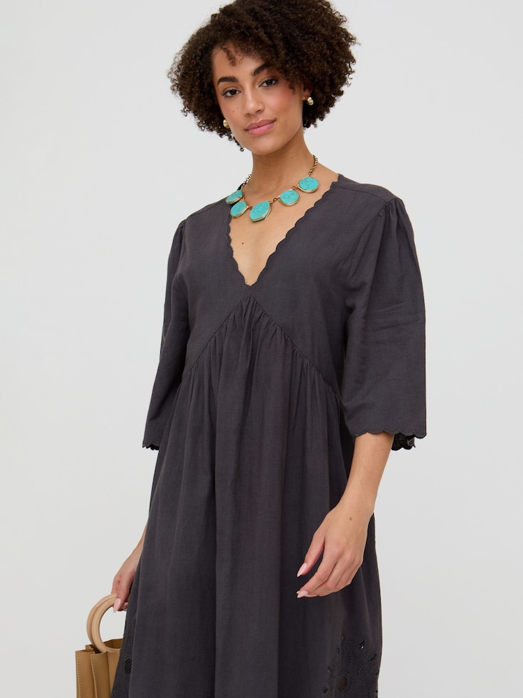 Raffya Grey Ibiza Smock Embroidered Midi Dress - Image 4 of 4