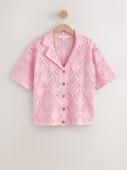 Light Pink Crochet Short Sleeve Collared Shirt - Image 4 of 6