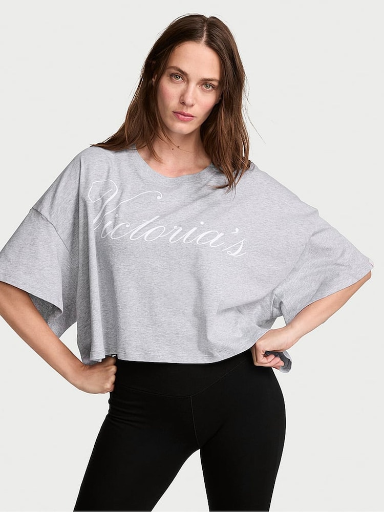 Victoria's Secret Heather Grey Logo Cotton Oversized Cropped Top - Image 1 of 2 Victoria's Secret Heather Grey Logo Cotton Oversized Cropped Top - Image 1 of 2