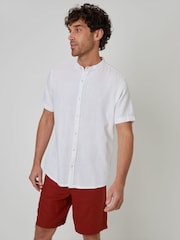 Puti - Threadbare Grandad Collar Linen Blend Short Sleeve Shirt - Larawan 1 ng 4