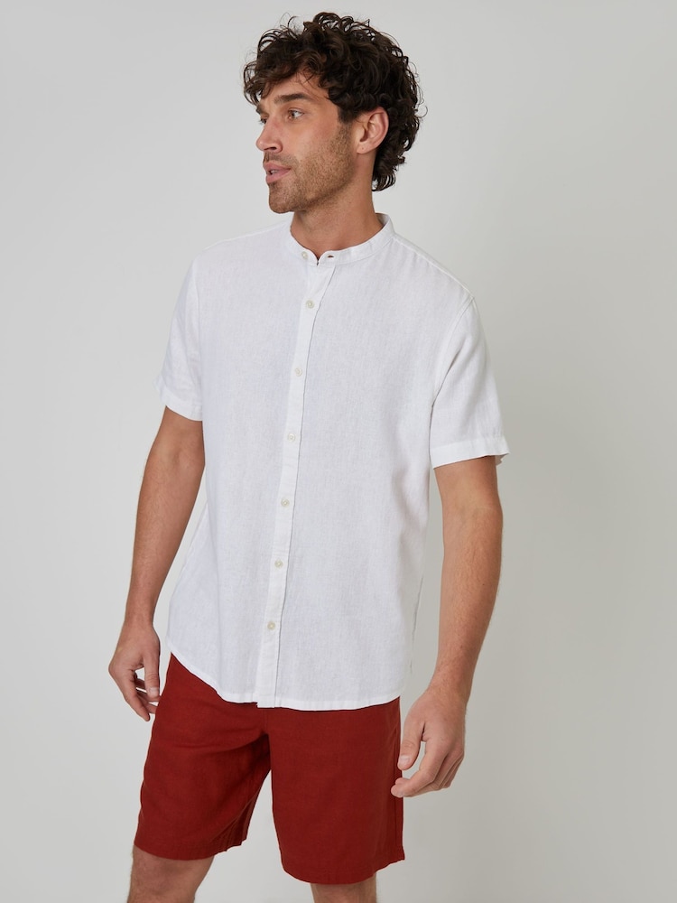 Puti - Threadbare Grandad Collar Linen Blend Short Sleeve Shirt - Larawan 1 ng 4