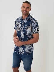 Threadbare Blue Leaf Print Short Sleeve Shirt - Image 1 of 4