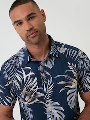 Threadbare Blue Leaf Print Short Sleeve Shirt - Image 2 of 4