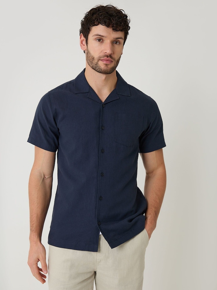 Threadbare Blue Linen Cotton Blend Short Sleeve Shirt - Image 1 of 4