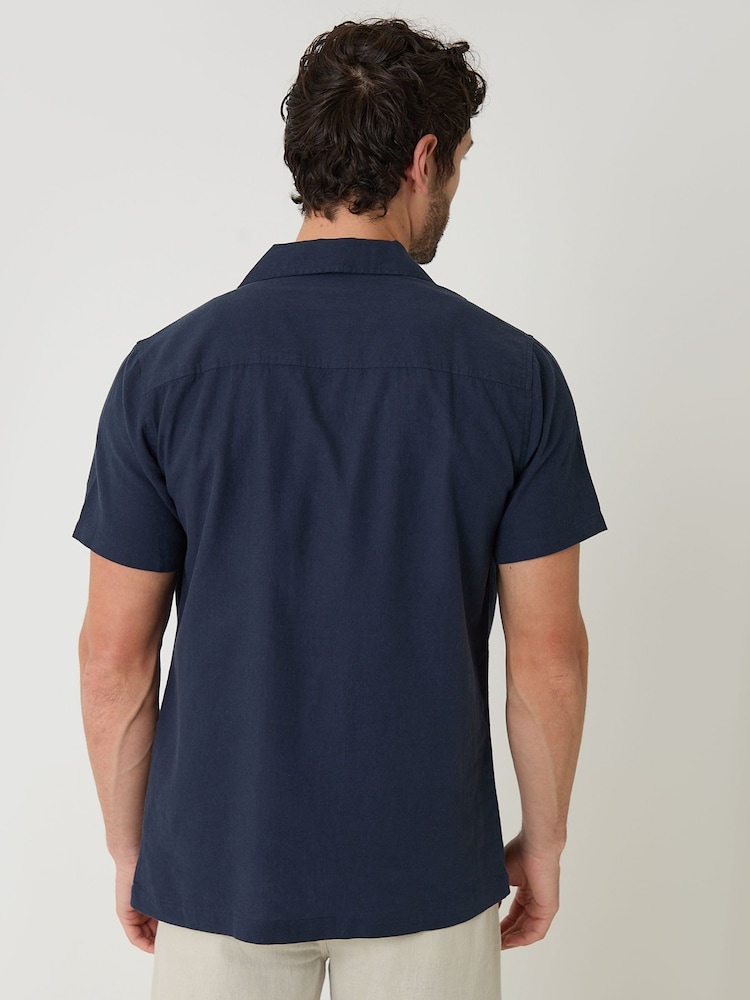 Threadbare Blue Linen Cotton Blend Short Sleeve Shirt - Image 2 of 4