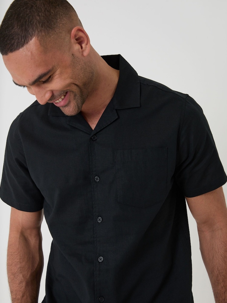 Threadbare Black Linen Cotton Blend Short Sleeve Shirt - Image 1 of 5