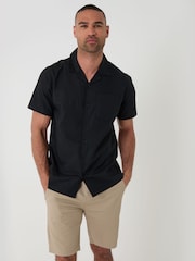 Threadbare Black Linen Cotton Blend Short Sleeve Shirt - Image 2 of 5