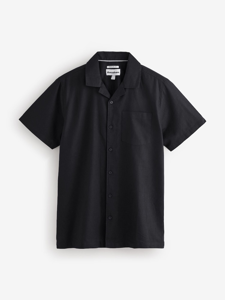 Threadbare Black Linen Cotton Blend Short Sleeve Shirt - Image 5 of 5