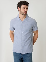 Threadbare Denim Blue Linen Cotton Blend Short Sleeve Shirt - Image 1 of 4