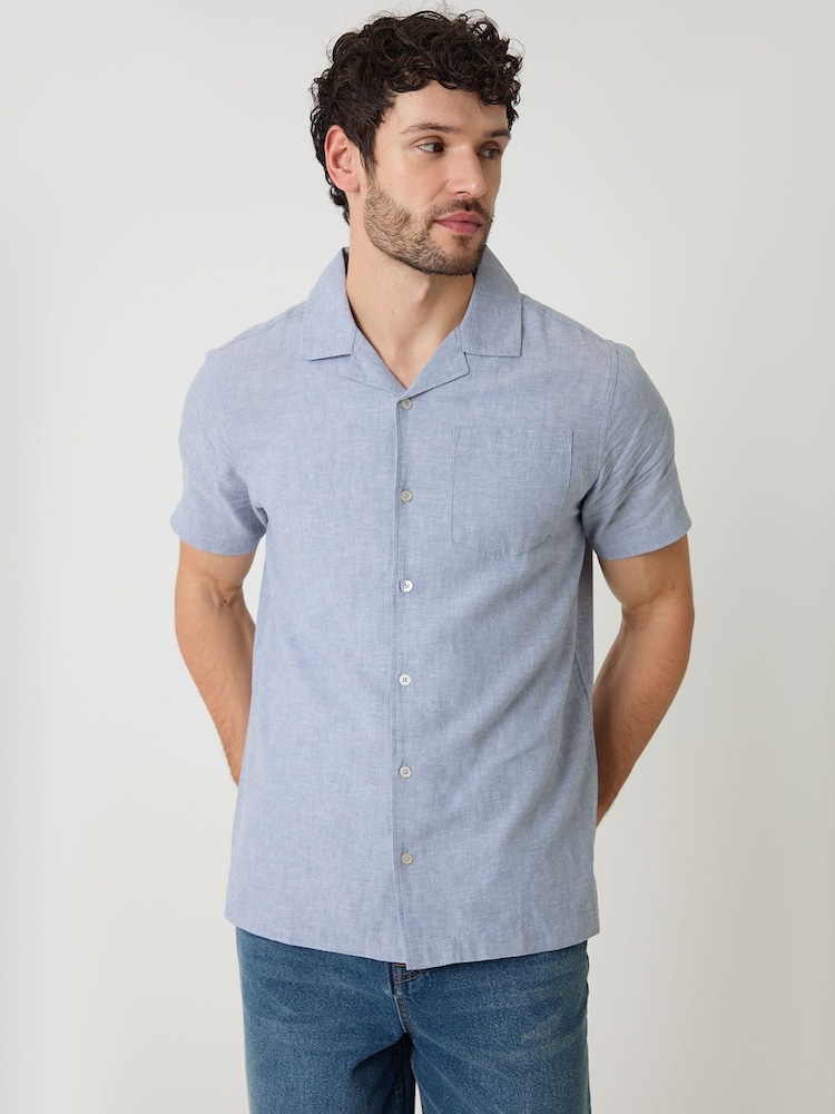 Threadbare Denim Blue Linen Cotton Blend Short Sleeve Shirt - Image 1 of 4