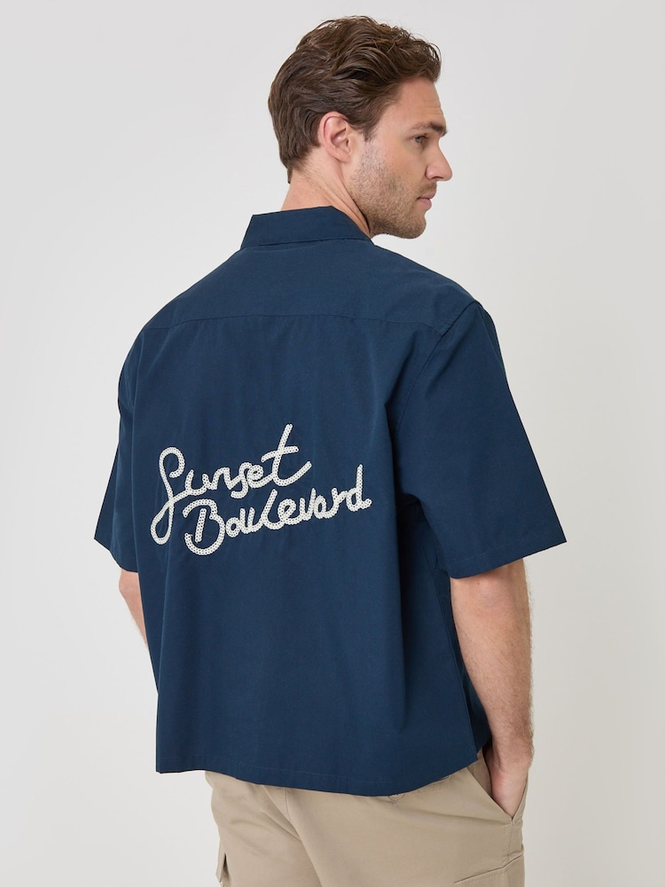 Threadbare Blue Sunset Boulevard Embroidered Boxy Fit Short Sleeve Shirt - Image 1 of 4