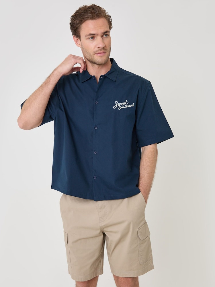 Threadbare Blue Sunset Boulevard Embroidered Boxy Fit Short Sleeve Shirt - Image 2 of 4