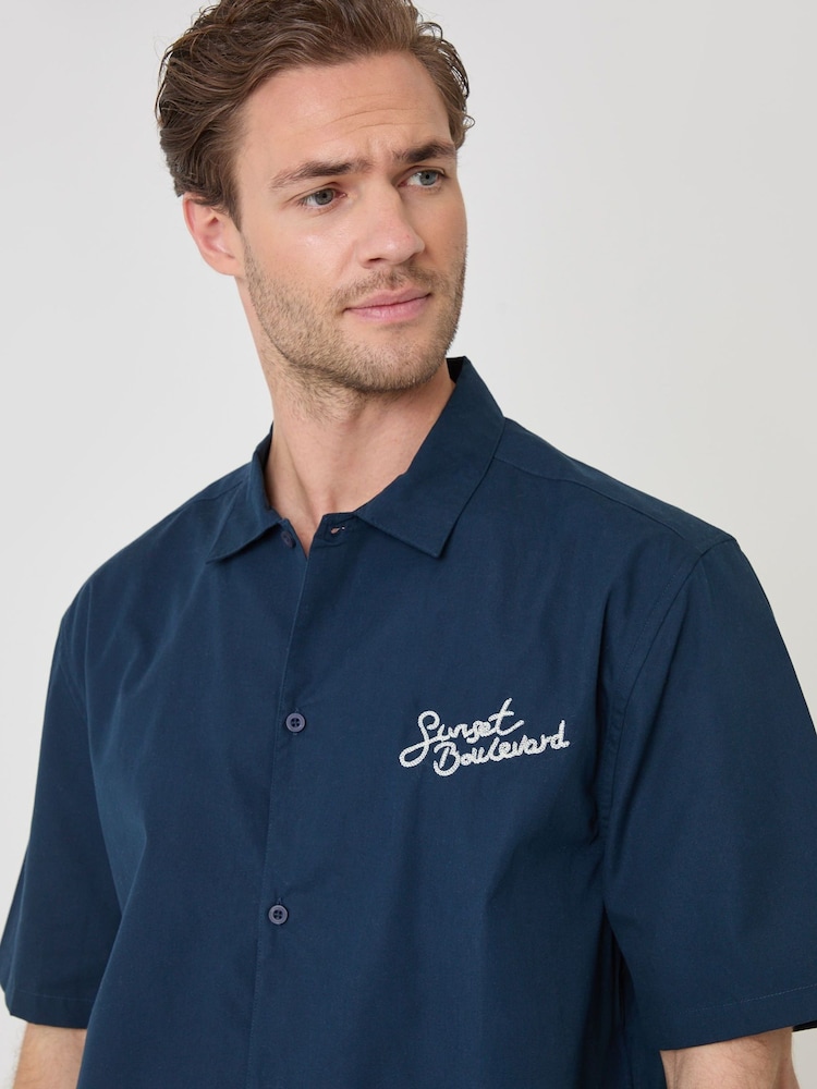 Threadbare Blue Sunset Boulevard Embroidered Boxy Fit Short Sleeve Shirt - Image 4 of 4