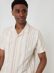 Threadbare Natural Chevron Stripe Textured Cotton Short Sleeve Shirt - Image 4 of 5