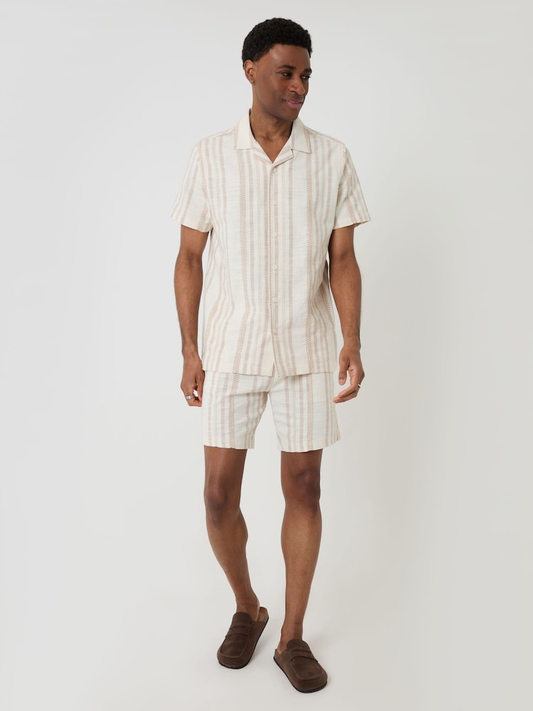 Threadbare Natural Chevron Stripe Textured Cotton Short Sleeve Shirt - Image 5 of 5