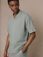 Threadbare Green Relaxed Fit Linen Blend Revere Collar Short Sleeve Shirt - Image 1 of 5