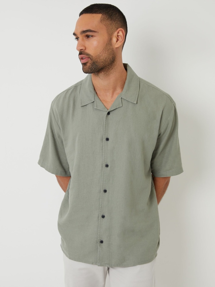 Threadbare Green Relaxed Fit Linen Blend Revere Collar Short Sleeve Shirt - Image 2 of 5