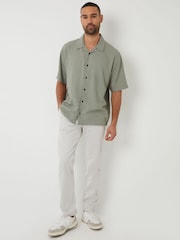 Threadbare Green Relaxed Fit Linen Blend Revere Collar Short Sleeve Shirt - Image 4 of 5