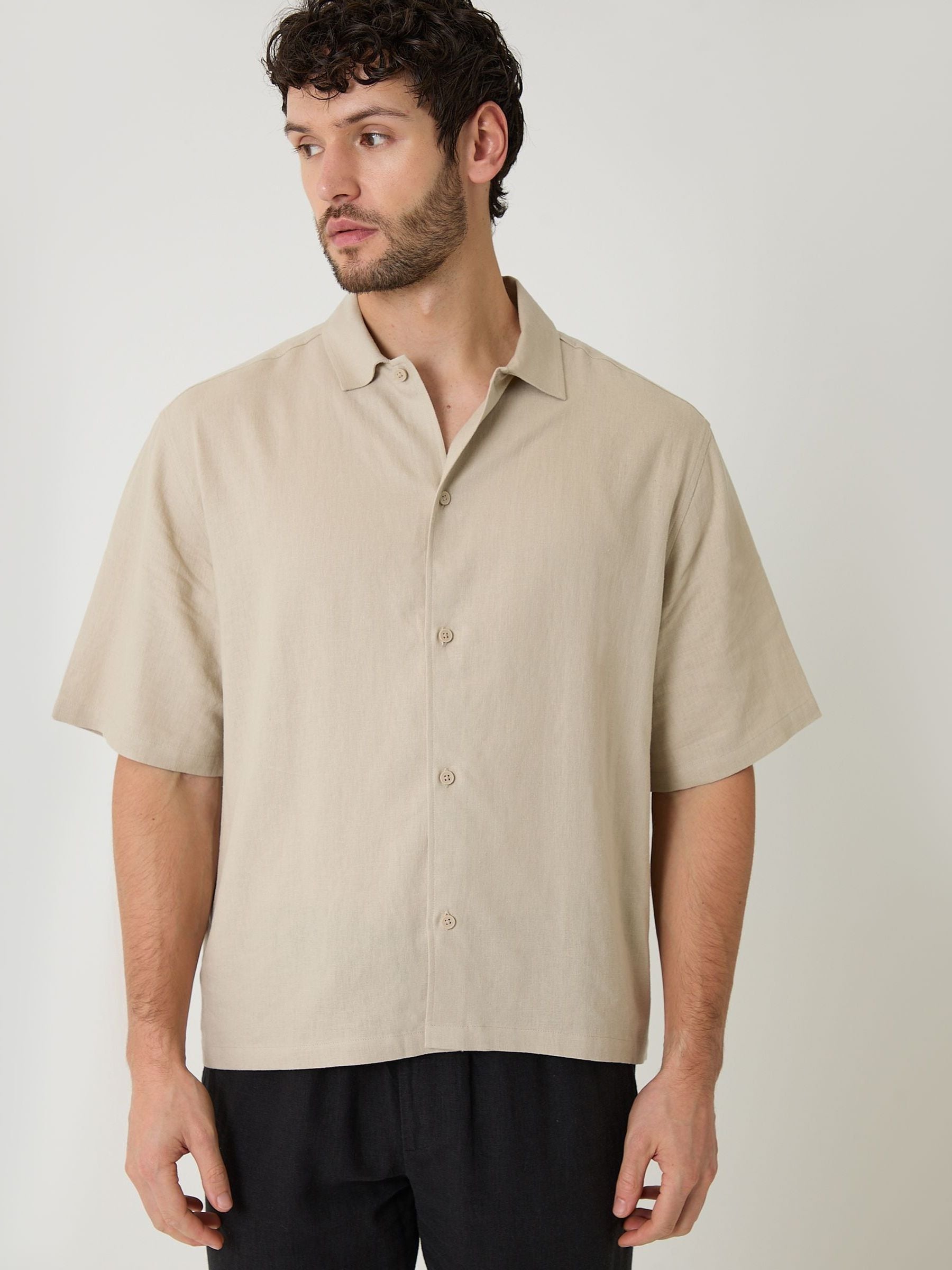Buy Threadbare Natural Boxy Fit Linen Blend Short Sleeve Shirt