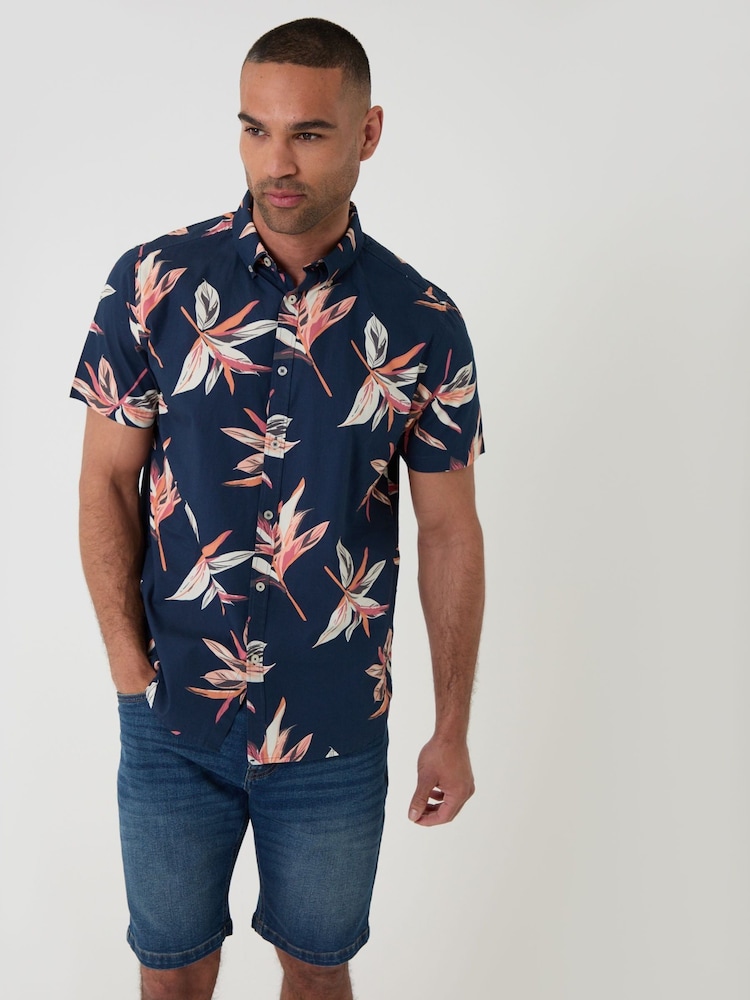 Threadbare Blue Tropical Leaf Print Short Sleeve Shirt - Image 1 of 4