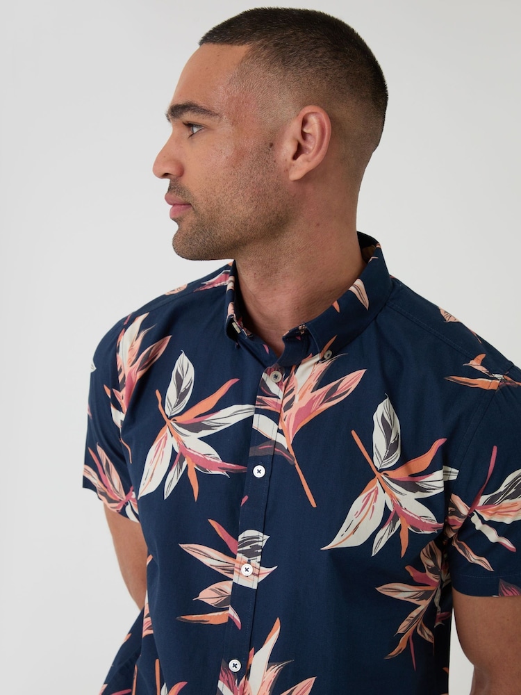 Threadbare Blue Tropical Leaf Print Short Sleeve Shirt - Image 4 of 4