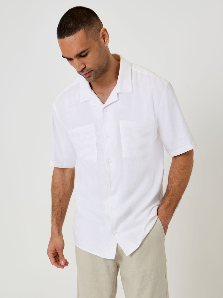 Threadbare White Relaxed Fit Linen Blend Short Sleeve Shirt - Image 1 of 5 Threadbare White Relaxed Fit Linen Blend Short Sleeve Shirt - Image 1 of 5