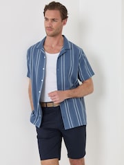 Threadbare Blue Stripe Knitted Cotton Blend Short Sleeve Shirt - Image 1 of 5