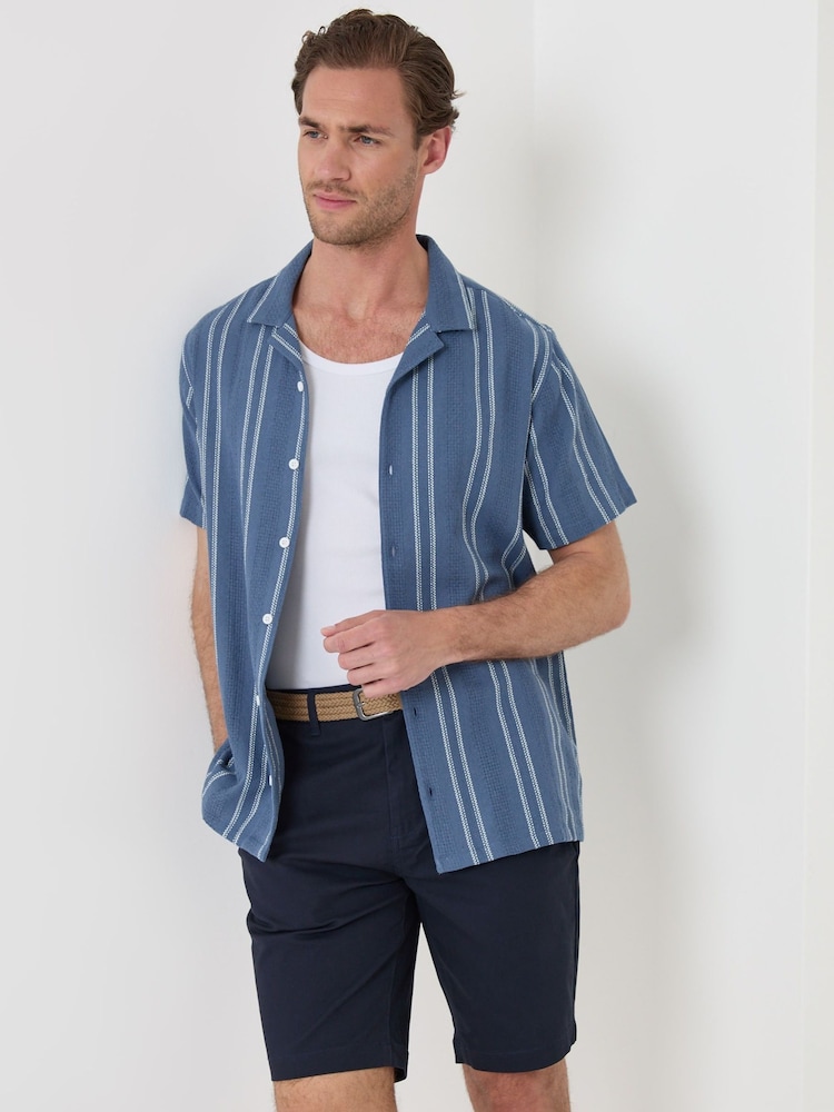 Threadbare Blue Stripe Knitted Cotton Blend Short Sleeve Shirt - Image 1 of 5 Threadbare Blue Stripe Knitted Cotton Blend Short Sleeve Shirt - Image 1 of 5