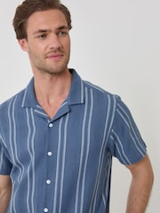 Threadbare Blue Stripe Knitted Cotton Blend Short Sleeve Shirt - Image 2 of 5