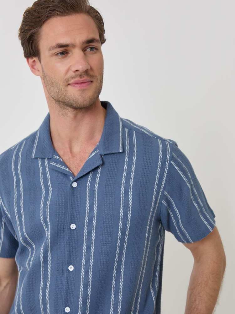 Threadbare Blue Stripe Knitted Cotton Blend Short Sleeve Shirt - Image 2 of 5 Threadbare Blue Stripe Knitted Cotton Blend Short Sleeve Shirt - Image 2 of 5