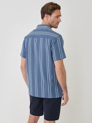 Threadbare Blue Stripe Knitted Cotton Blend Short Sleeve Shirt - Image 3 of 5