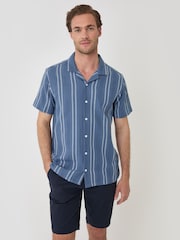 Threadbare Blue Stripe Knitted Cotton Blend Short Sleeve Shirt - Image 4 of 5