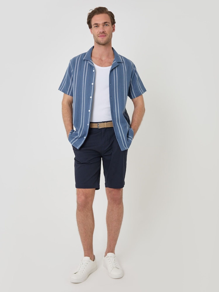 Threadbare Blue Stripe Knitted Cotton Blend Short Sleeve Shirt - Image 5 of 5 Threadbare Blue Stripe Knitted Cotton Blend Short Sleeve Shirt - Image 5 of 5