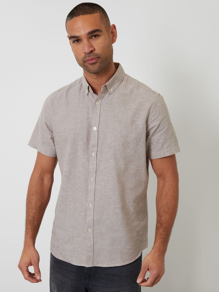 Threadbare Brown Short Sleeve Linen Blend Shirt - Image 1 of 4 Threadbare Brown Short Sleeve Linen Blend Shirt - Image 1 of 4