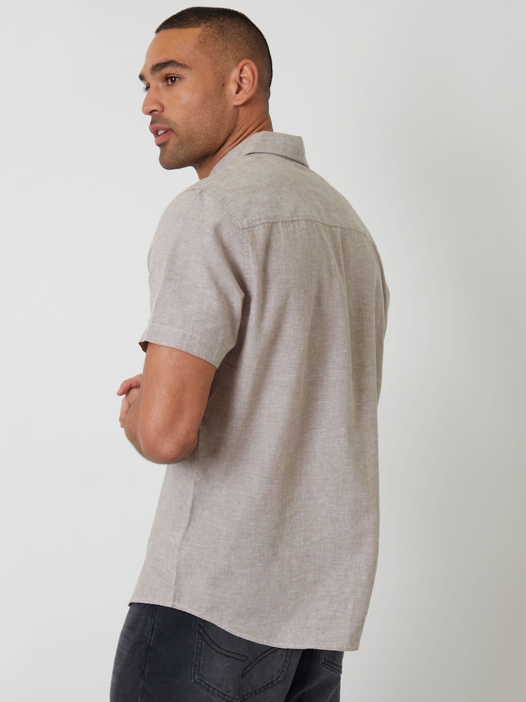 Threadbare Brown Short Sleeve Linen Blend Shirt - Image 2 of 4 Threadbare Brown Short Sleeve Linen Blend Shirt - Image 2 of 4