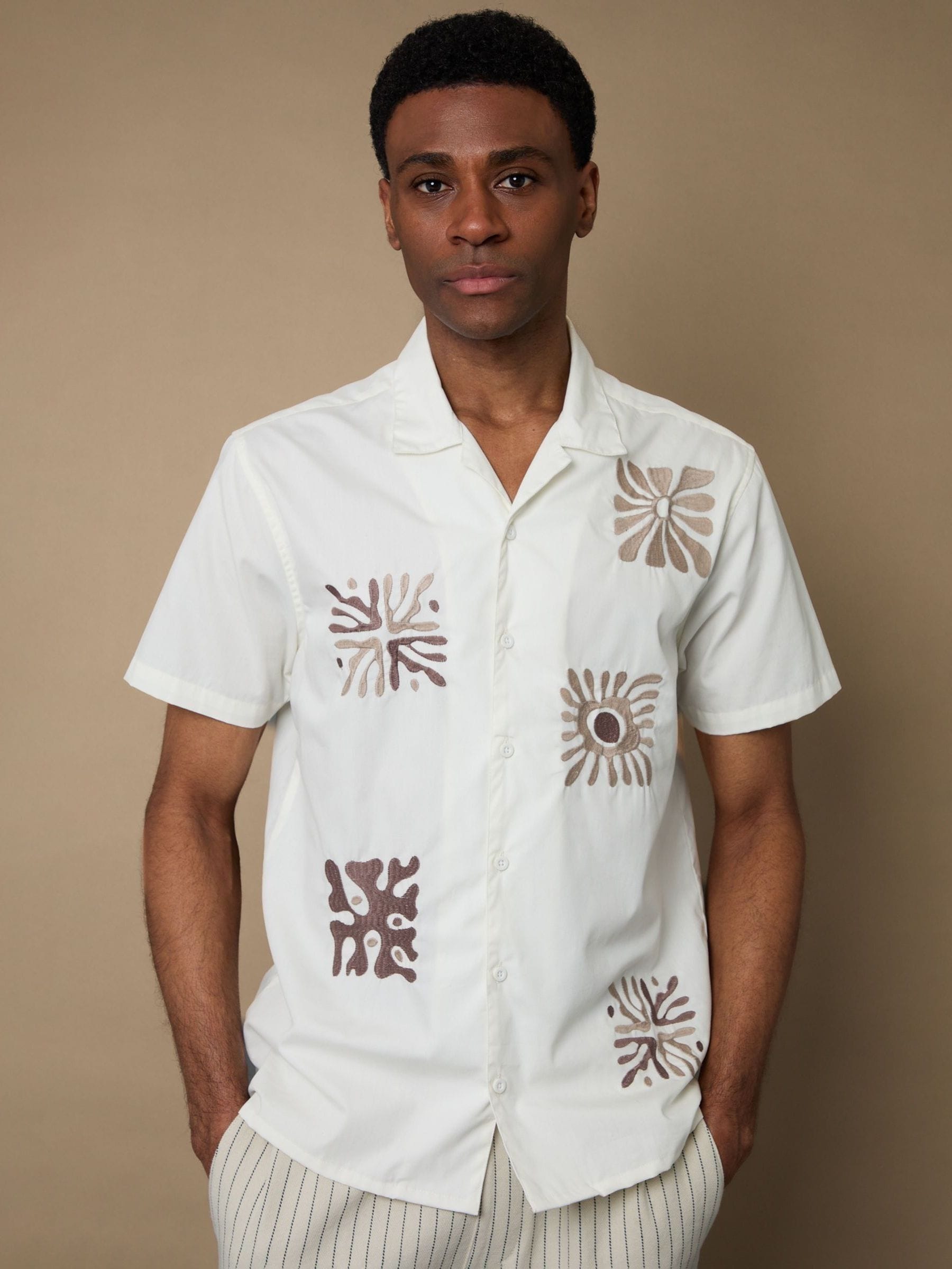 Buy Threadbare Cream Beach Embroidered Cotton Poplin Short Sleeve