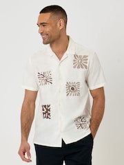 Threadbare Cream Beach Embroidered Cotton Poplin Short Sleeve Shirt - Image 2 of 5