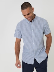 ブルー - Threadbare Stripe Linen Cotton Blend Short Sleeve Shirt - 画像 1 / 4