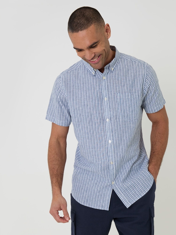 ブルー - Threadbare Stripe Linen Cotton Blend Short Sleeve Shirt - 画像 1 / 4