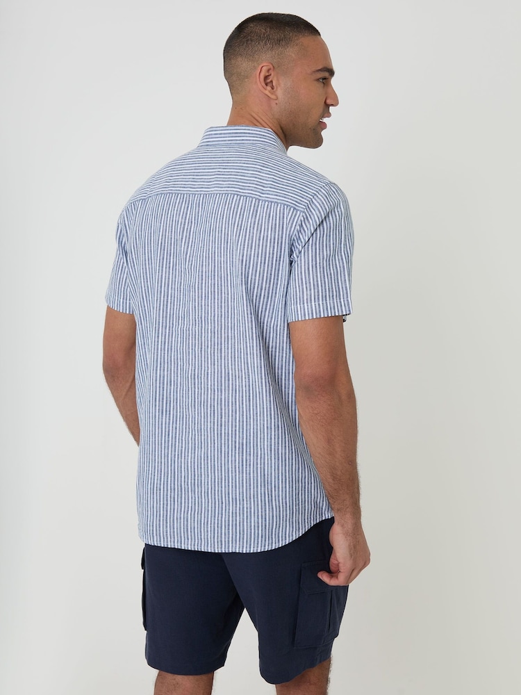 ブルー - Threadbare Stripe Linen Cotton Blend Short Sleeve Shirt - 画像 2 / 4