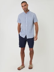 ブルー - Threadbare Stripe Linen Cotton Blend Short Sleeve Shirt - 画像 3 / 4