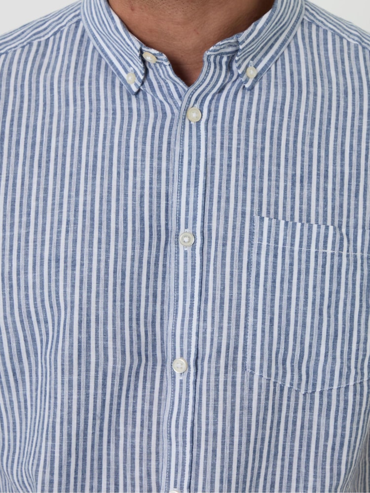 ブルー - Threadbare Stripe Linen Cotton Blend Short Sleeve Shirt - 画像 4 / 4