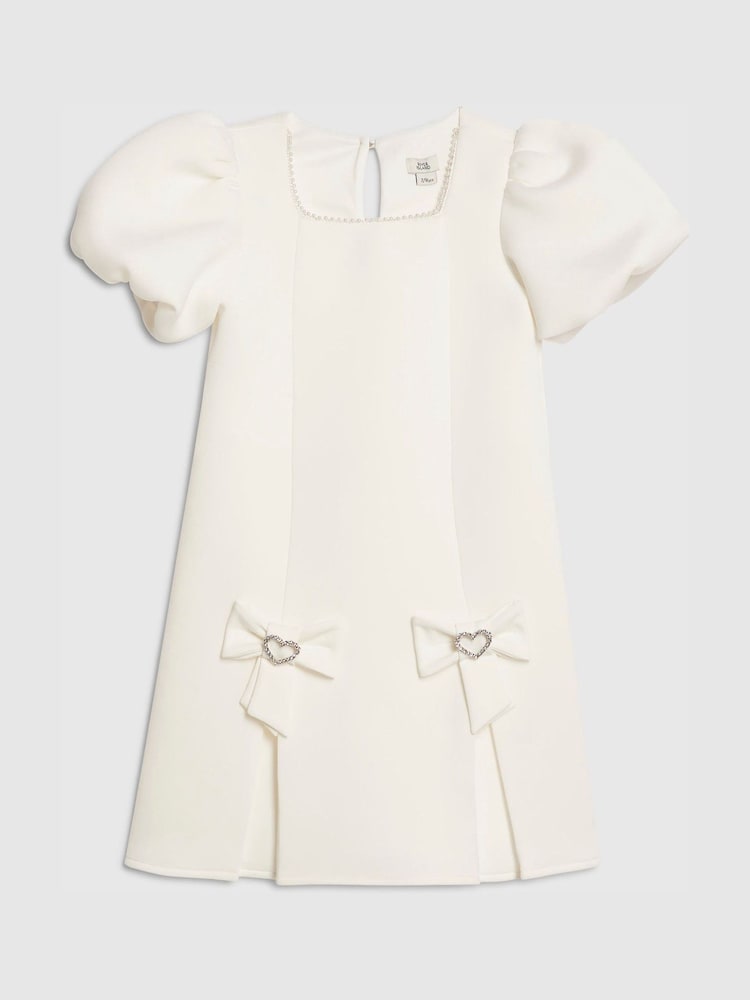 River Island Cream Puff Sleeve Scuba Bow Dress - Image 1 of 4