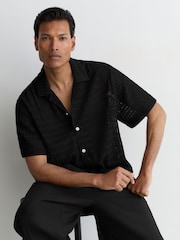 Reiss Black Sid Chevron-Crochet Cuban-Collar Shirt - Image 1 of 6